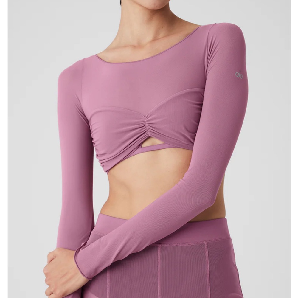 Alo Mesh Sheer Illusion Cropped Long Sleeve Soft Mulberry Small - Picture 3 of 8